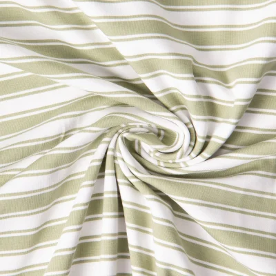 Tissu Jersey Coton imprimé Nina rayures Olive sur fond Blanc - Par 10 cm