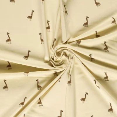 Tissu Jersey Coton imprimé Girafe marron sur fond Beige - Par 10 cm