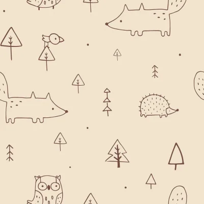 Tissu Jersey French terry Crêpe Animaux en forêt sur fond Beige - Par 10 cm