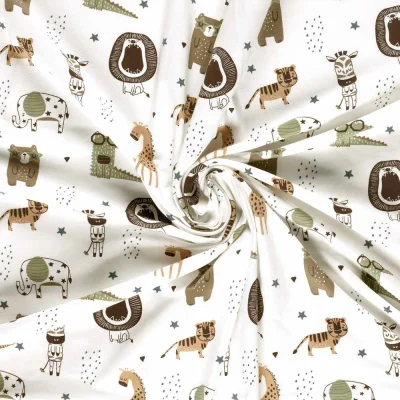 Tissu Jersey Coton imprimé Nina happy jungle sur fond Blanc cassé - Par 10 cm