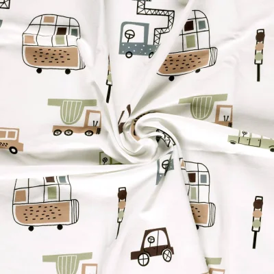 Tissu Sweat léger French Terry Noa cars sur fond Ecru - Par 10 cm
