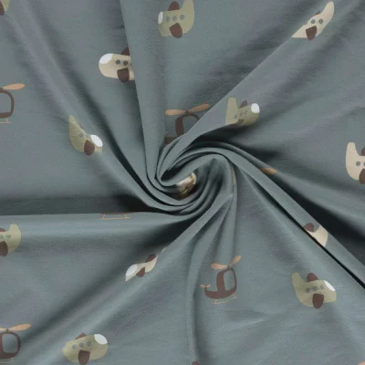 Tissu Sweat léger French Terry Elio airplane sur fond Bleu gris - Par 10 cm