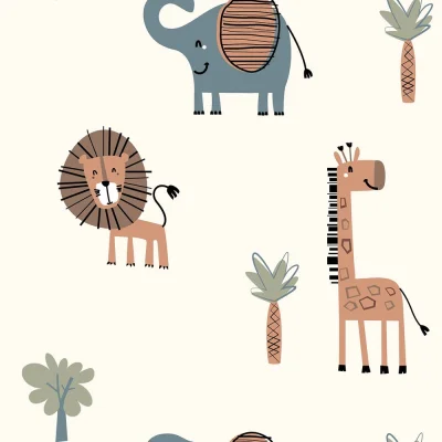 Tissu Jersey French terry Crêpe Animaux du zoo sur fond Blanc cassé - Par 10 cm