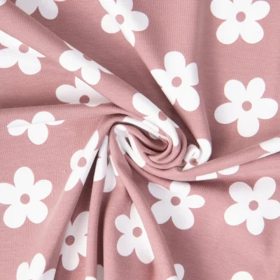 Tissu Jersey Coton Lola fleurs Blanc sur fond Violine - Par 10 cm