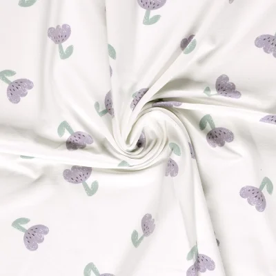 Tissu Sweat léger French Terry Fleurs parme sur fond Blanc cassé - Par 10 cm