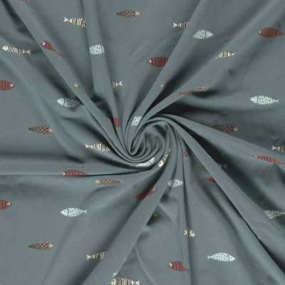 Tissu Jersey Coton imprimé Sardines sur fond Bleu ardoise - Par 10 cm