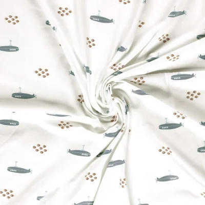 Tissu Jersey Coton imprimé Nino poissons et sous marins sur fond Ecru - Par 10 cm