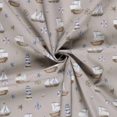 Tissu Coton imprimé digital Surcouf ambiance marine sur fond Gris galet - Par 10 cm