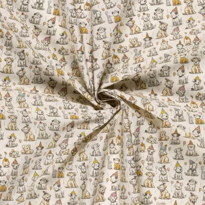 Tissu Coton imprimé digital Dogs party sur fond Blanc cassé - Par 10 cm