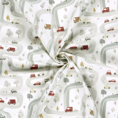 Tissu Coton imprimé digital Léon on the road sur fond Ecru - Par 10 cm
