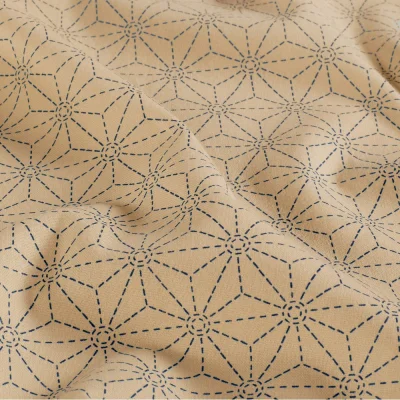 Tissu Coton imprimé Casual motif géométrique Bleu marine sur fond Beige - Par 10 cm