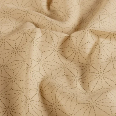 Tissu Coton imprimé Casual motif géométrique Vert olive sur fond Beige - Par 10 cm
