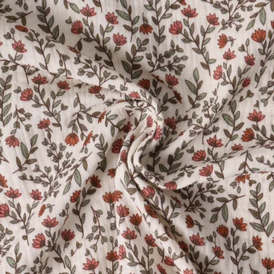 Coupon Tissu Double gaze de Coton Liorine fleurs Rouge brique sur fond Ivoire - Coupon de 100 cm