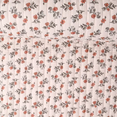 Tissu Double gaze Matelassé réversible  Lina fleurs oranges sur fond Beige - Par 10 cm