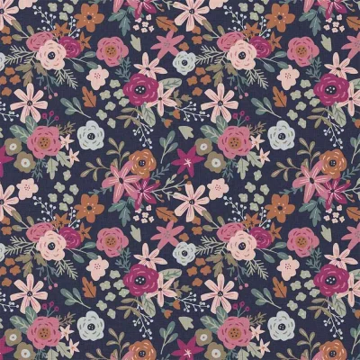 Tissu Coton imprimé Amadora fleurs Roses sur fond Bleu nuit - Par 10 cm
