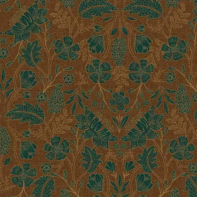 Tissu Toile Canvas Artemisia fleurs et feuilles Vertes sur fond Brun - Par 10 cm