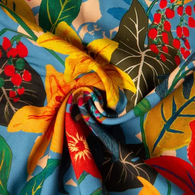 Tissu Viscose imprimé Arty Fleuris Madid sur fond Bleu ancien - Par 10 cm