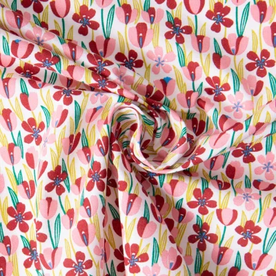 Tissu Coton imprimé Arty Gigi champs fleurs Rose et Marron sur fond Blanc - Par 10 cm