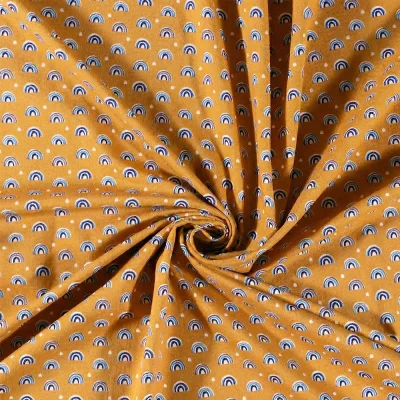 Tissu Jersey Coton imprimé Arc en ciel sur fond Ocre - Par 10 cm