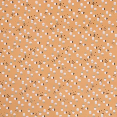 Tissu Coton Imprimé Arty Motifs Blancs, marrons et bleus sur fond Safran - Par 10 cm