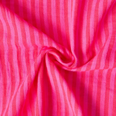 Tissu Double gaze de Coton Gipsy Rayé hibiscus sur fond Rose bonbon - Par 10 cm