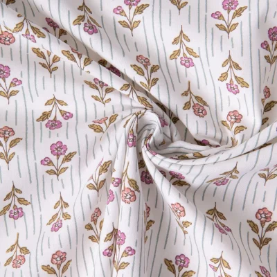 Tissu Coton imprimé Arty Fleuris rayé Aesa sur fond Ecru - Par 10 cm