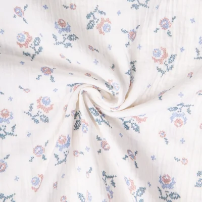 Tissu Double gaze de Coton Amina fleuris pastel sur fond Blanc cassé - Par 10 cm