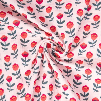 Tissu Double gaze de Coton Artiom fleuris rose sur fond Rose pâle - Par 10 cm