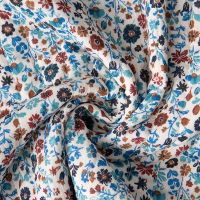 Tissu Double gaze de Coton Matelassé réversible Fleuris Aryada sur fond Ecru - Par 10 cm