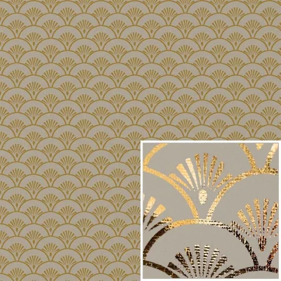 Coupon Tissu Canvas effet Lin Eventails dorés sur fond Naturel - Coupon de 20 cm