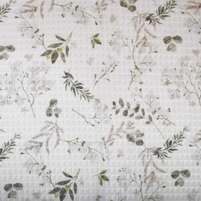 Tissu Nid d&#039;abeille floral Azaya sauge sur fond Blanc - Par 10 cm
