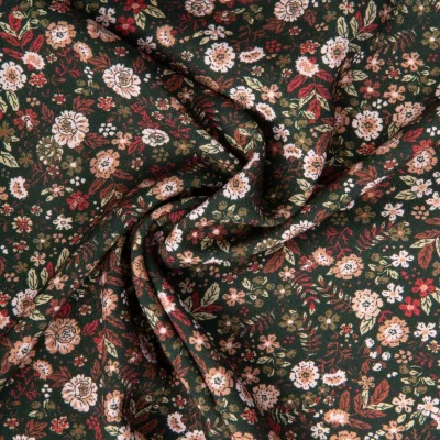 Tissu Viscose imprimé Barbie fleuris vert et rose sur fond Vert foncé - Par 10 cm