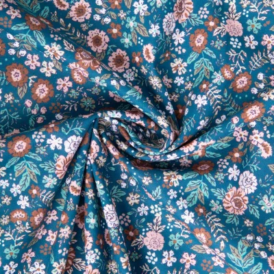 Tissu Coton imprimé Arty Barjay fleuris bleu et marron sur fond Bleu - Par 10 cm