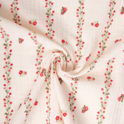 Tissu Double gaze de Coton Berenice fleuris sur fond Ecru - Par 10 cm