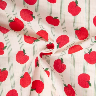 Tissu Double gaze de Coton Bigapple pommes rouges sur fond Ecru - Par 10 cm