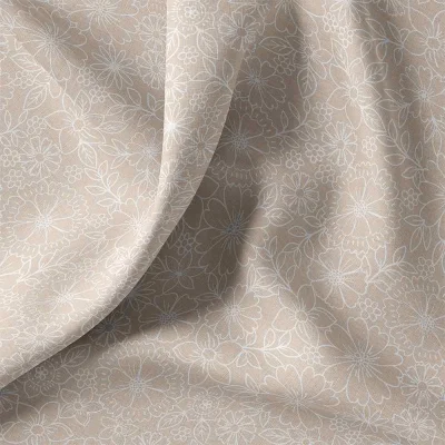 Tissu Coton imprimé floral Silvéa blanc sur fond Beige sable - Par 10 cm