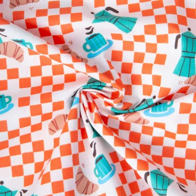 Tissu Coton Enduit Café et carreaux oranges sur fond Blanc - Par 10 cm