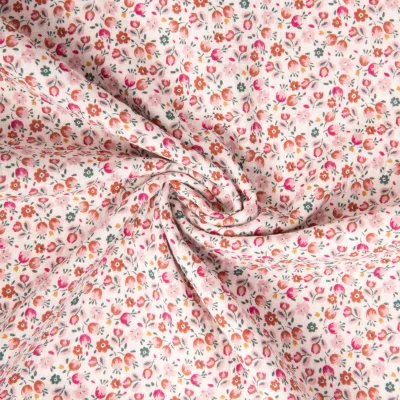 Tissu Double gaze de Coton Caseille fleuris rose sur fond Ecru - Par 10 cm