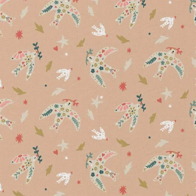 Tissu Coton imprimé Celeste oiseau sur fond Rose poudré - Par 10 cm