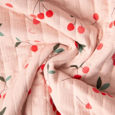 Tissu Double gaze de Coton Matelassé Cerises réversible Seersucker rayé sur fond Pêche - Par 10 cm