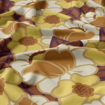 Tissu Viscose imprimé Clemone fleuris jaune sur fond Ecru - Par 10 cm