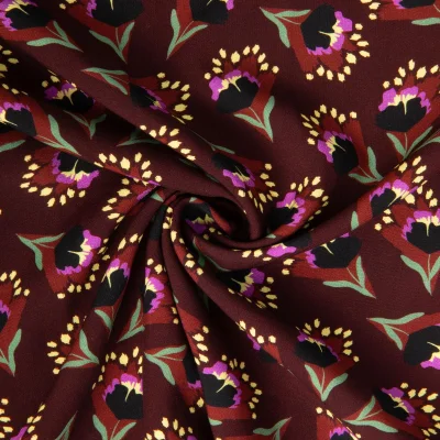 Tissu Viscose imprimé Arty Clover fleuris sur fond Marron chocolat - Par 10 cm