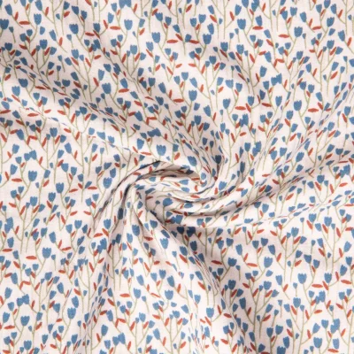 Tissu Double gaze de Coton Diletta fleuris bleu sur fond Blanc cassé - Par 10 cm