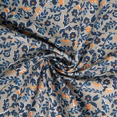 Tissu Coton imprimé Arty Ekhmet fleuris bleu sur fond Gris - Par 10 cm