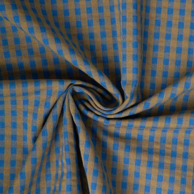 Tissu Seersucker Coton Eli Carreaux bronze sur fond Bleu cobalt - Par 10 cm