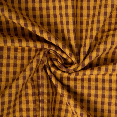 Tissu Seersucker Coton Eli Carreaux cacao sur fond Ocre - Par 10 cm