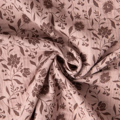 Tissu Double gaze de Coton Fleuris Eve sur fond Vieux rose - Par 10 cm