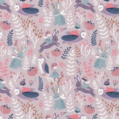 Tissu Coton imprimé Arty Fée des bois sur fond Parme - Par 10 cm
