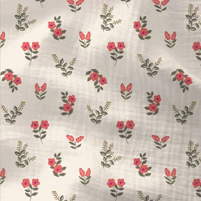 Tissu Double gaze Coton Fergie fleuris sur fond Blanc cassé - Par 10 cm