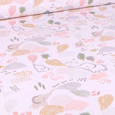 Coupon Tissu Coton imprimé Arty Eléphant aqua sur fond Blanc - Coupon de 10 cm